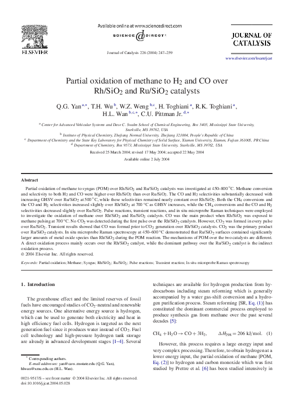 (PDF) Partial oxidation of methane to H 2 and CO over Rh/SiO 2 and Ru ...