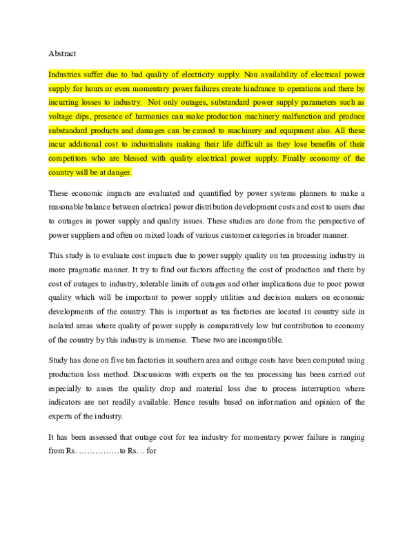 (DOC) Study of Impact on Tea Processing industry due to power outages