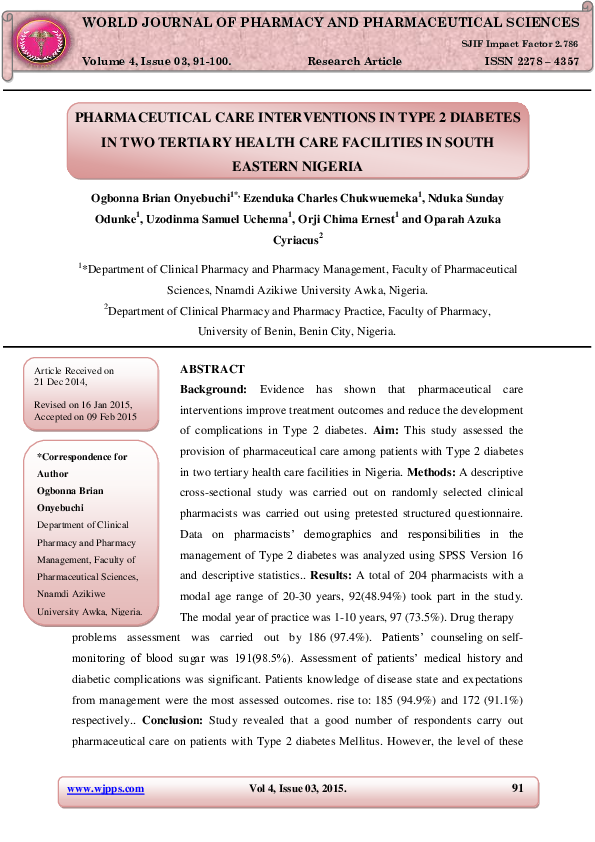 (PDF) Pharmaceutical Care Interventions in Type 2 Diabetes in Two ...