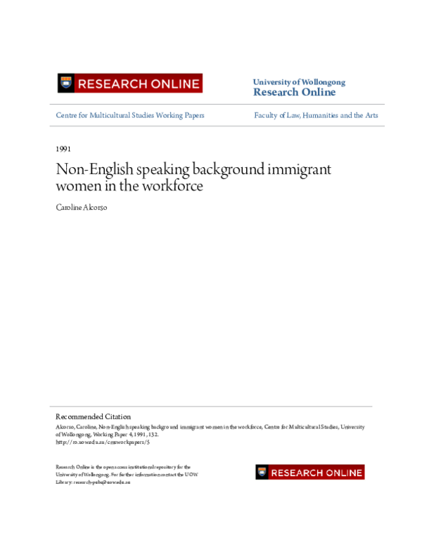 (PDF) NonEnglish speaking background immigrant women in the workforce (1991) Veronica P Oxman
