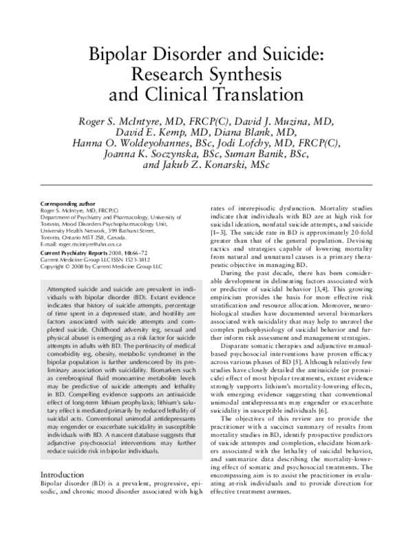 (PDF) Bipolar disorder and suicide: Research synthesis and clinical ...