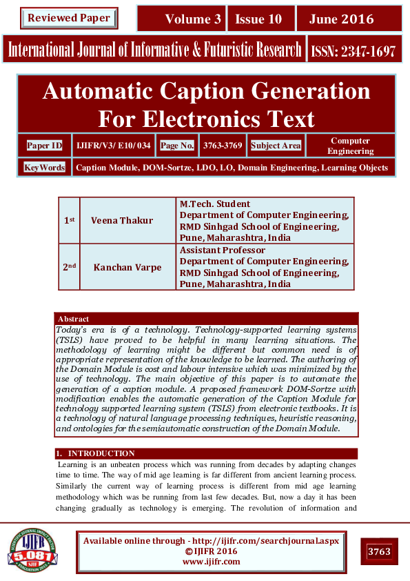 (PDF) Automatic Caption Generation For Electronics Text