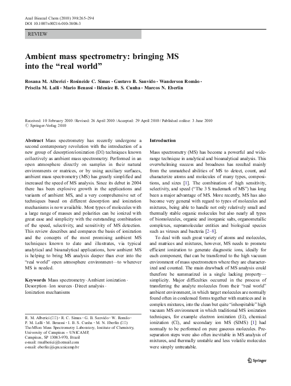 (PDF) Ambient mass spectrometry: bringing MS into the “real world