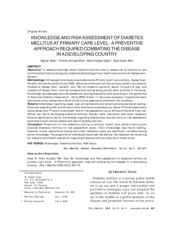 (PDF) Knowledge and Risk assessment of diabetes mellitus at primary ...