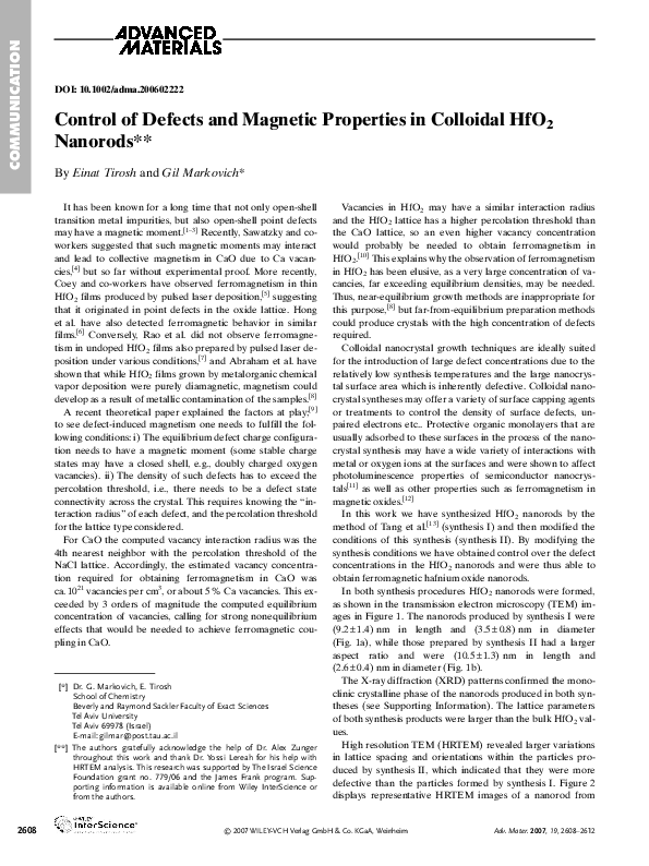 (PDF) Control of Defects and Magnetic Properties in Colloidal HfO2 Nanorods