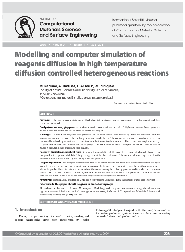 (PDF) Modelling and computer simulation of reagents diffusion in high ...