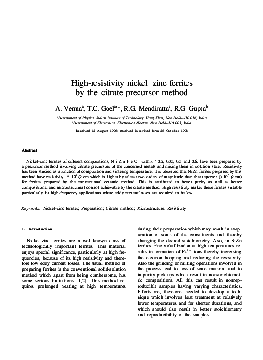 (PDF) Highresistivity nickelzinc ferrites by the citrate precursor