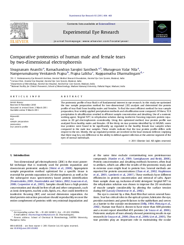 (PDF) Comparative proteomics of human male and female tears by two ...