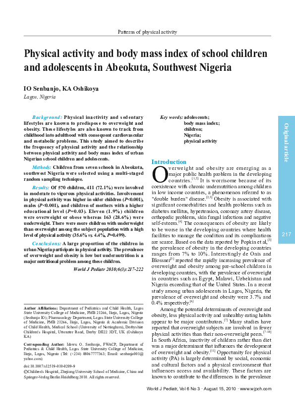 (PDF) Physical activity and body mass index of school children and ...