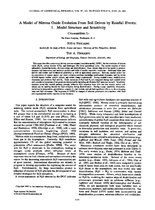 (PDF) A model of nitrous oxide evolution from soil driven by rainfall