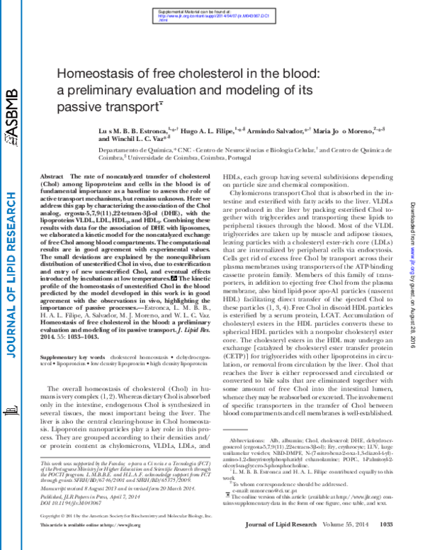 (PDF) Homeostasis of free cholesterol in the blood: a preliminary ...