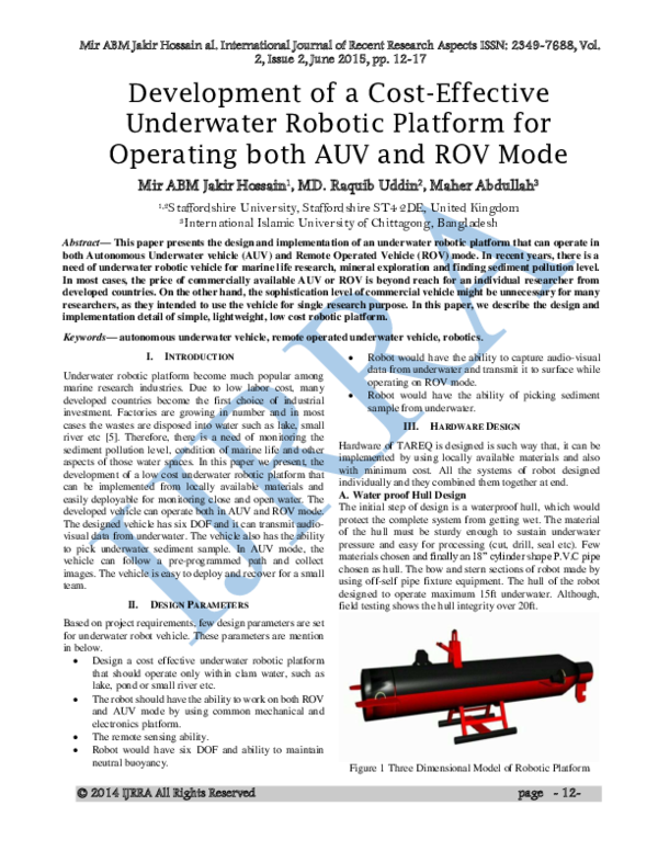 (PDF) Development of a Cost-Effective Underwater Robotic Platform for ...