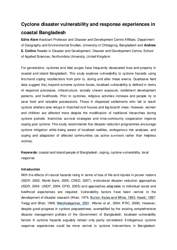 (PDF) Cyclone disaster vulnerability and response experiences in ...