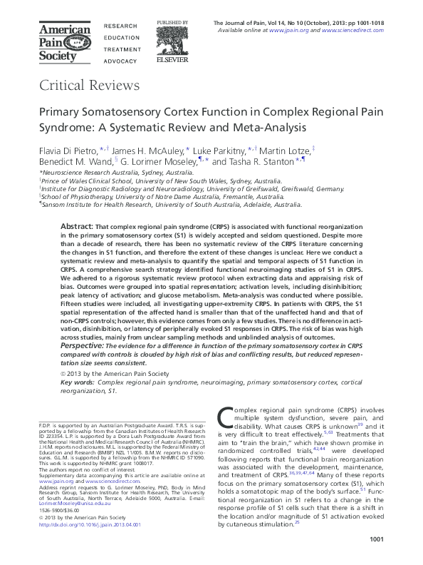 (PDF) Primary somatosensory cortex function in complex regional pain ...