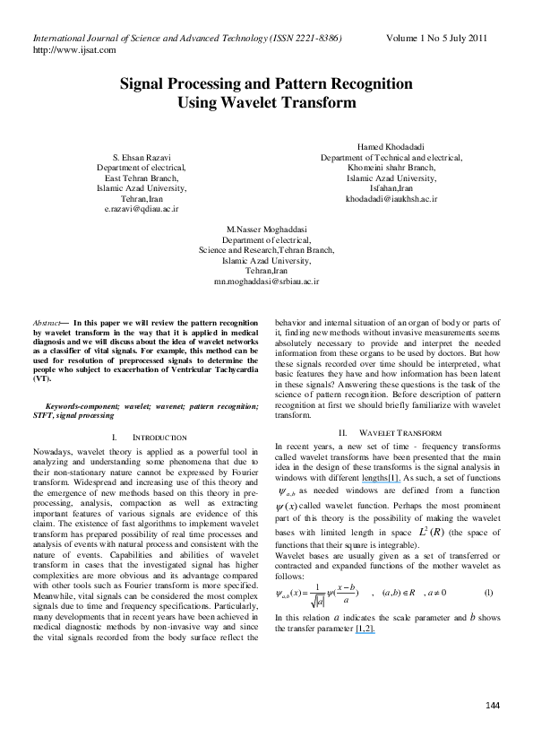 (PDF) Signal Processing and Pattern Recognition Using Wavelet Transform