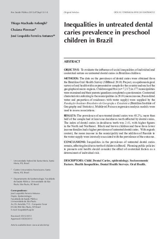 (PDF) Inequalities in untreated dental caries prevalence in preschool children in Brazil Jose