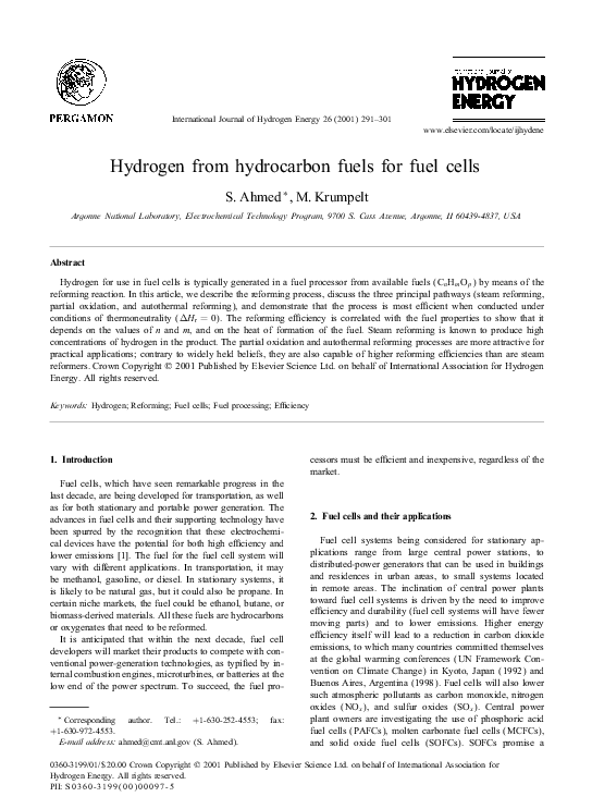 (PDF) Hydrogen from hydrocarbon fuels for fuel cells Salahuddin Ahmed