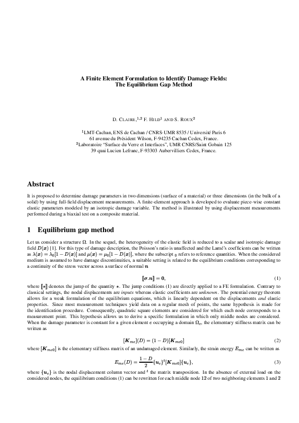Pdf A Finite Element Formulation To Identify Damage Fields The Equilibrium Gap Method Stephane Roux Academia Edu