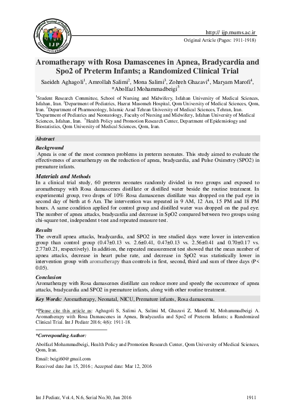 (PDF) Aromatherapy with Rosa Damascenes in Apnea, Bradycardia and Spo2 ...