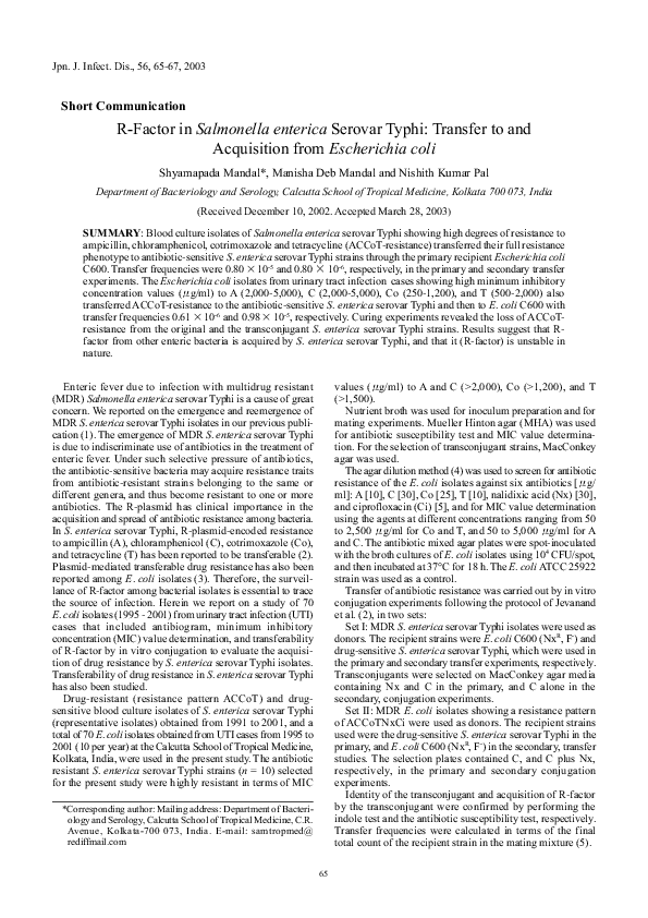 (PDF) R-Factor in Salmonella enterica Serovar Typhi: Transfer to and ...