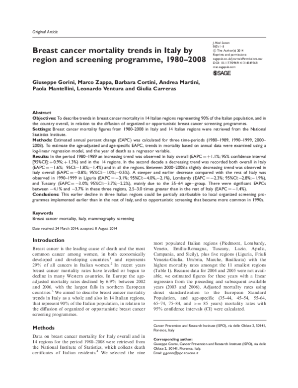 (PDF) Breast cancer mortality trends in Italy by region and screening ...