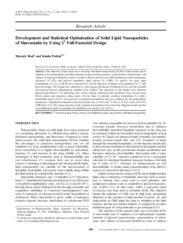 (PDF) Development and Statistical Optimization of Solid Lipid ...
