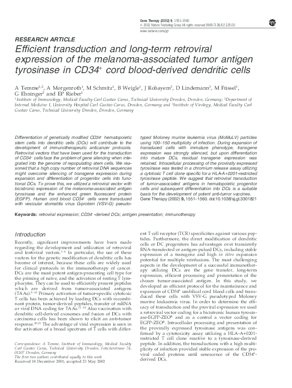 (PDF) Efficient transduction and long-term retroviral expression of the ...