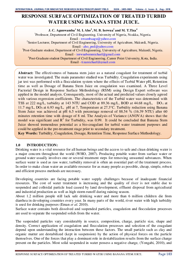 (PDF) RESPONSE SURFACE OPTIMIZATION OF TREATED TURBID WATER USING ...