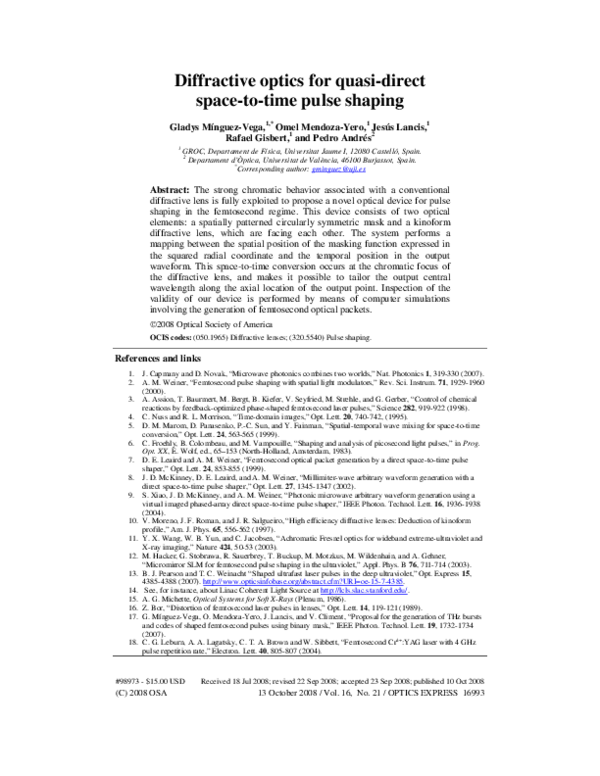 (PDF) Diffractive optics for quasidirect spacetotime pulse shaping