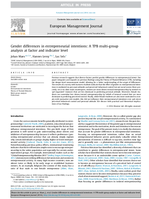 (PDF) Gender differences in entrepreneurial intentions A TPB multi