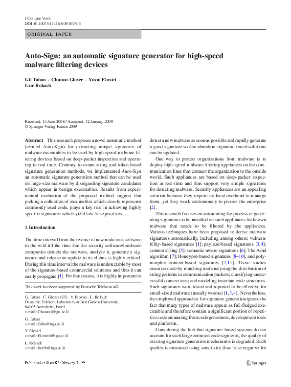 (PDF) AutoSign: an automatic signature generator for high-speed malware ...