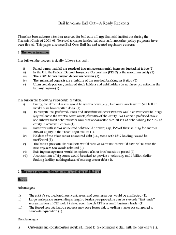Doc Bail In Versus Bail Out A Ready Reckoner Anirban Paul Academia Edu