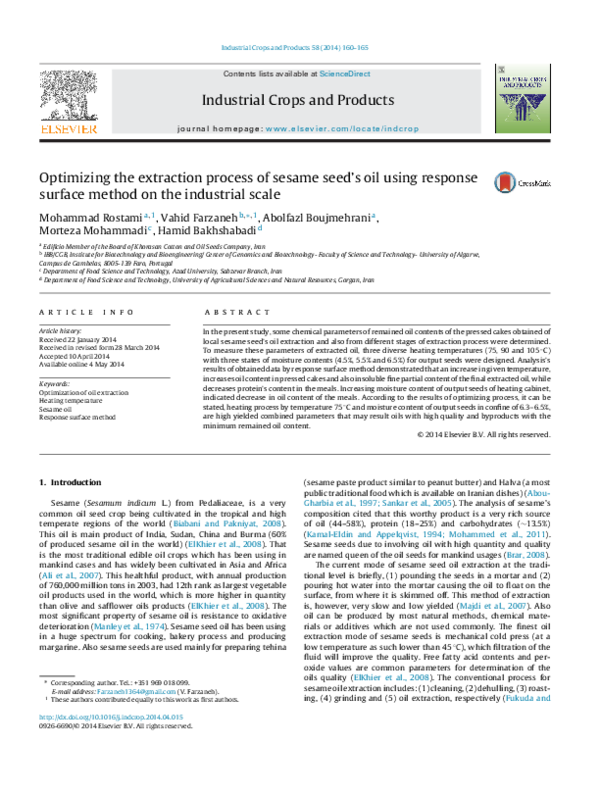 (PDF) Optimizing the extraction process of sesame seed's oil using