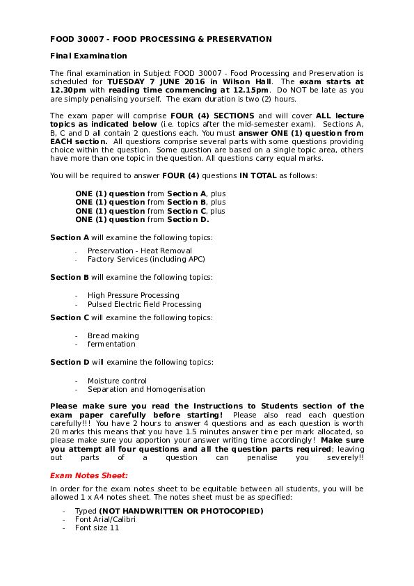 (DOC) FOOD 30007 FOOD Processing & Preservation Final Examination