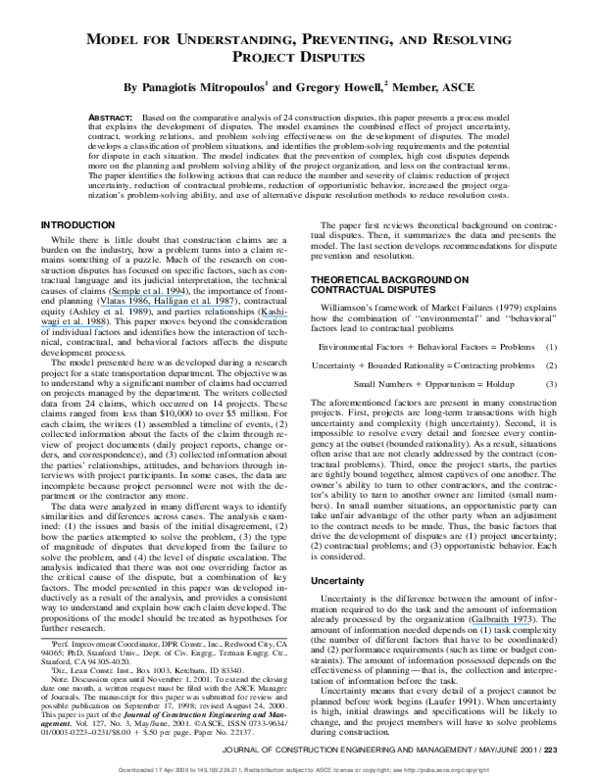 (PDF) Model for Understanding, Preventing, and Resolving Project Disputes