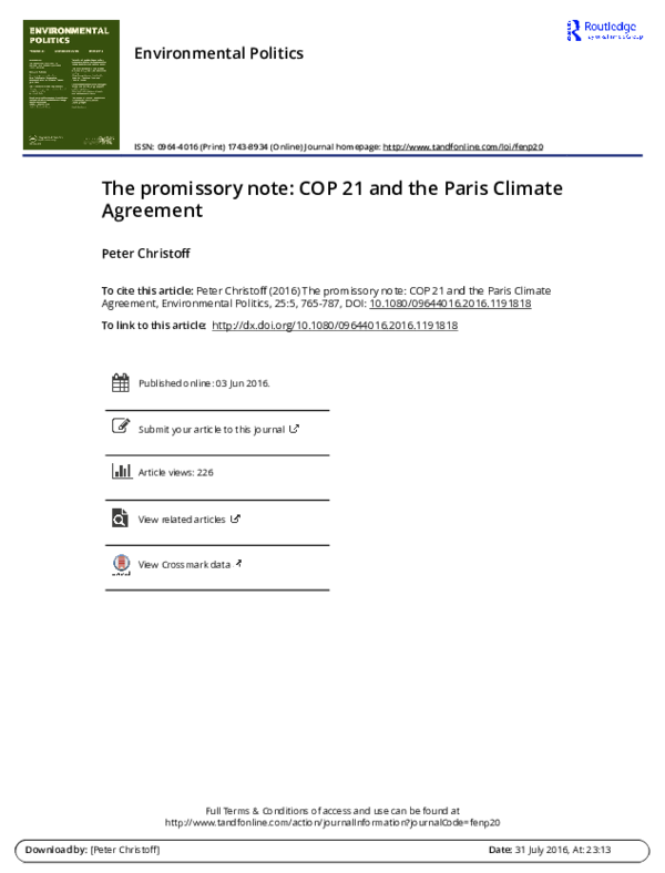 (PDF) CHRISTOFF The promissory note: COP 21 and the Paris Climate Agreement