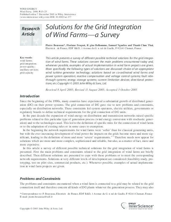 (PDF) Solutions for the grid integration of wind farms - a survey
