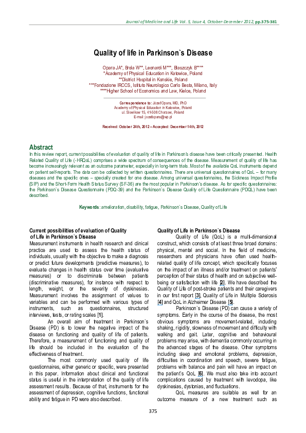 Parkinson's Disease Quality Of Life Questionnaire Pdf at Nancy Sheridan ...