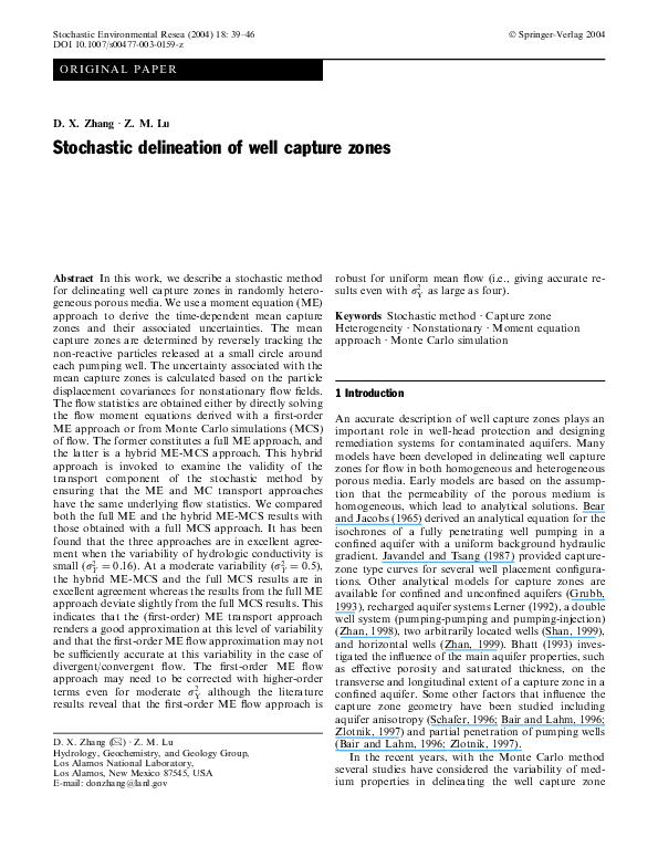 (PDF) Stochastic delineation of well capture zones Zhiming Lu