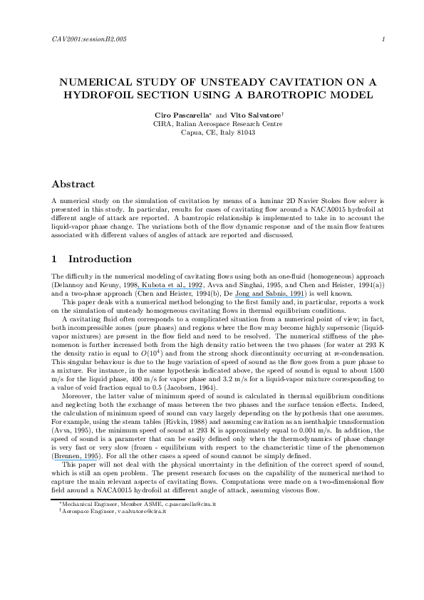(PDF) NUMERICAL STUDY OF UNSTEADY CAVITATION ON A HYDROFOIL SECTION ...