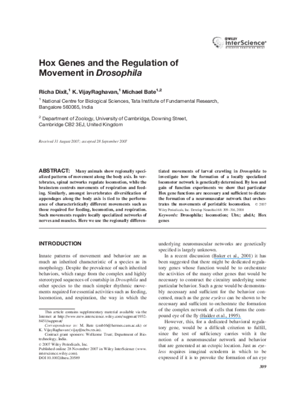 (PDF) Hox genes and the regulation of movement in Drosophila