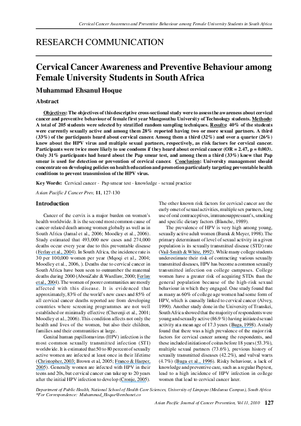 (PDF) Cervical cancer awareness and preventive behaviour among female ...