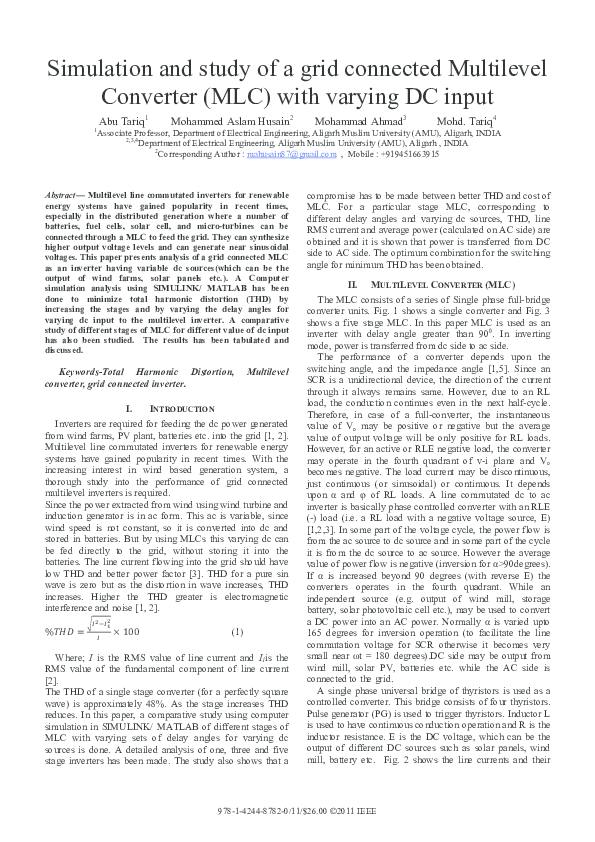 (PDF) Simulation and study of a grid connected multilevel converter ...