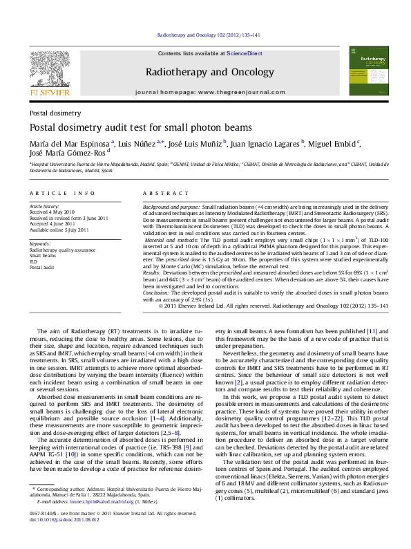 (PDF) Postal dosimetry audit test for small photon beams