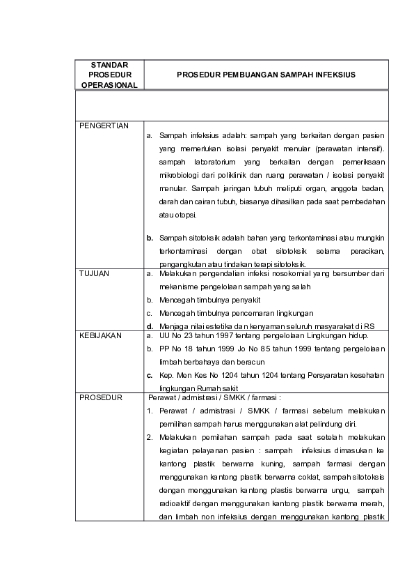 Doc Sop Prosedur Pembuangan Sampah Infeksius Rev 02 Edit Titis Bintarosyana Academia Edu