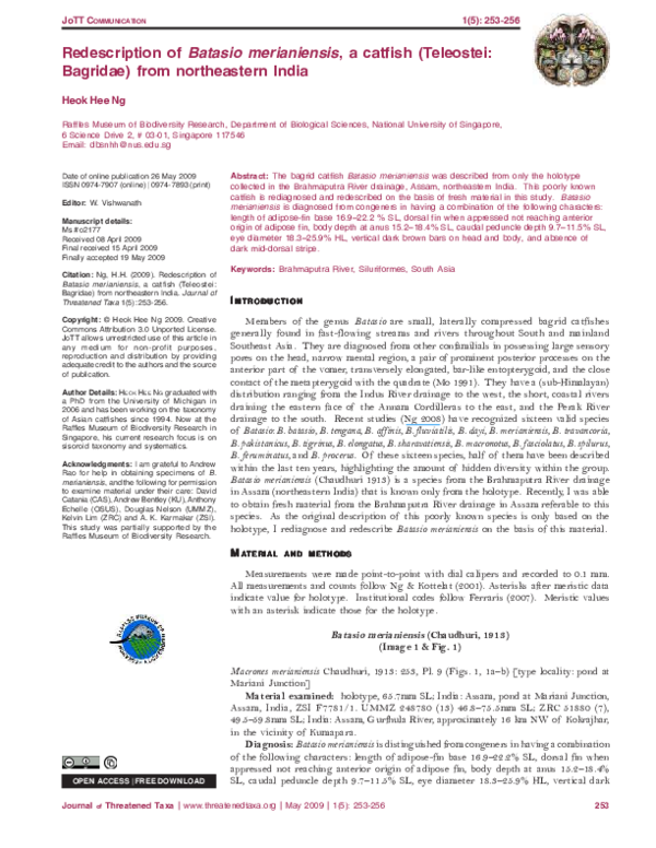 (PDF) Redescription of Batasio merianiensis, a catfish (Teleostei