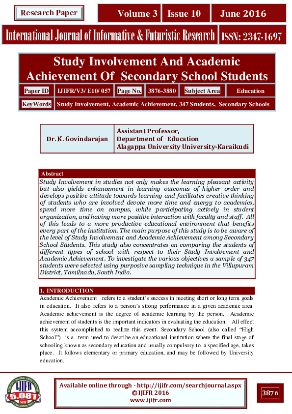 (PDF) Study Involvement And Academic Achievement Of Secondary School ...
