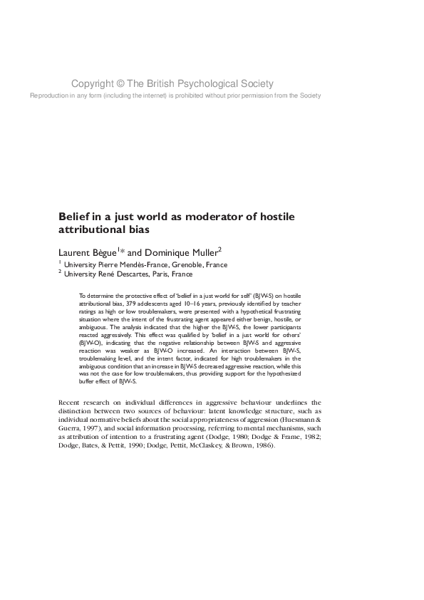 (PDF) Belief in a just world as moderator of hostile attributional bias