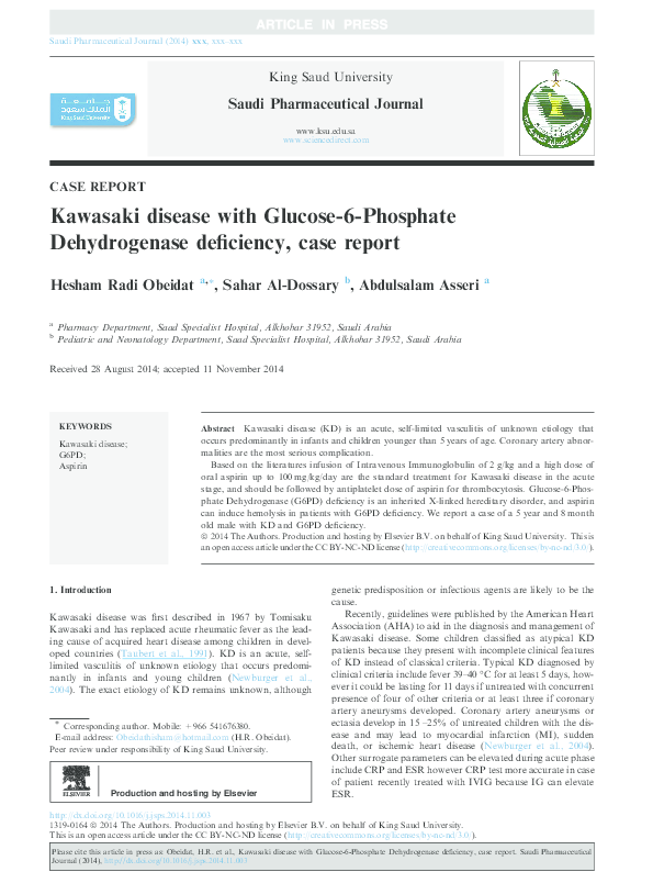 (PDF) Kawasaki disease with Glucose6Phosphate Dehydrogenase