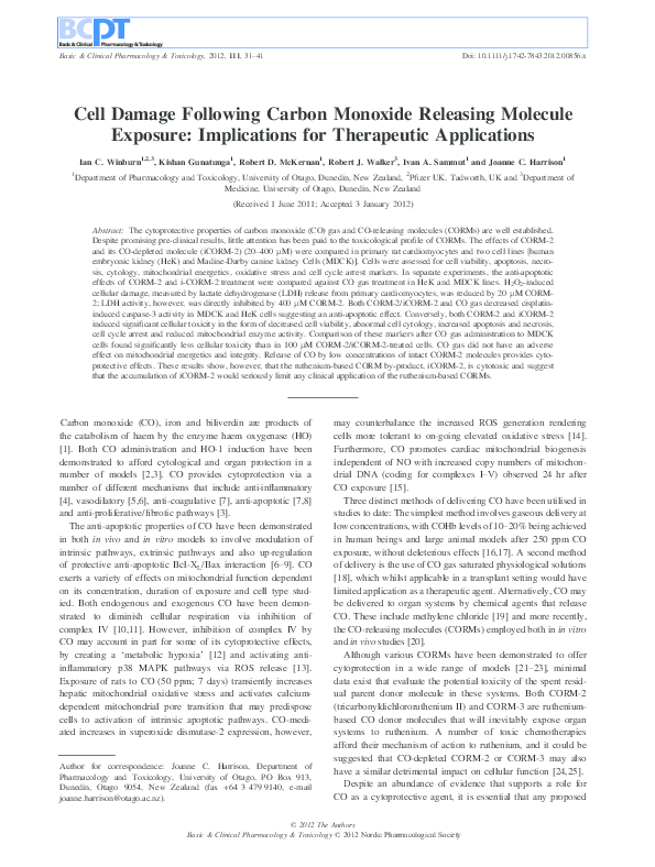 (PDF) Cell damage following carbon monoxide releasing molecule exposure ...